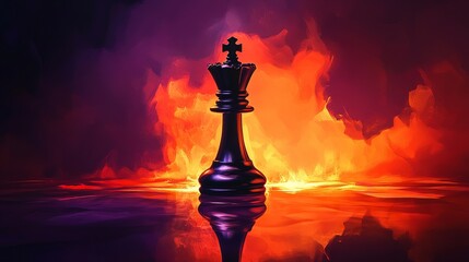 King Chess Piece on Reflective Surface with Fiery Orange and Deep Purple Background