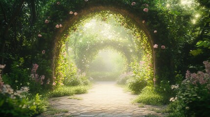Sunlit path through enchanting rose archway garden.