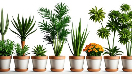 Fototapeta premium Diverse indoor plants in stylish pots: modern home decor inspiration with vibrant foliage