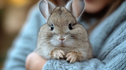 A fluffy rabbit is gently held in cozy arms, creating a tender moment of affection and warmth during a sunny afternoon