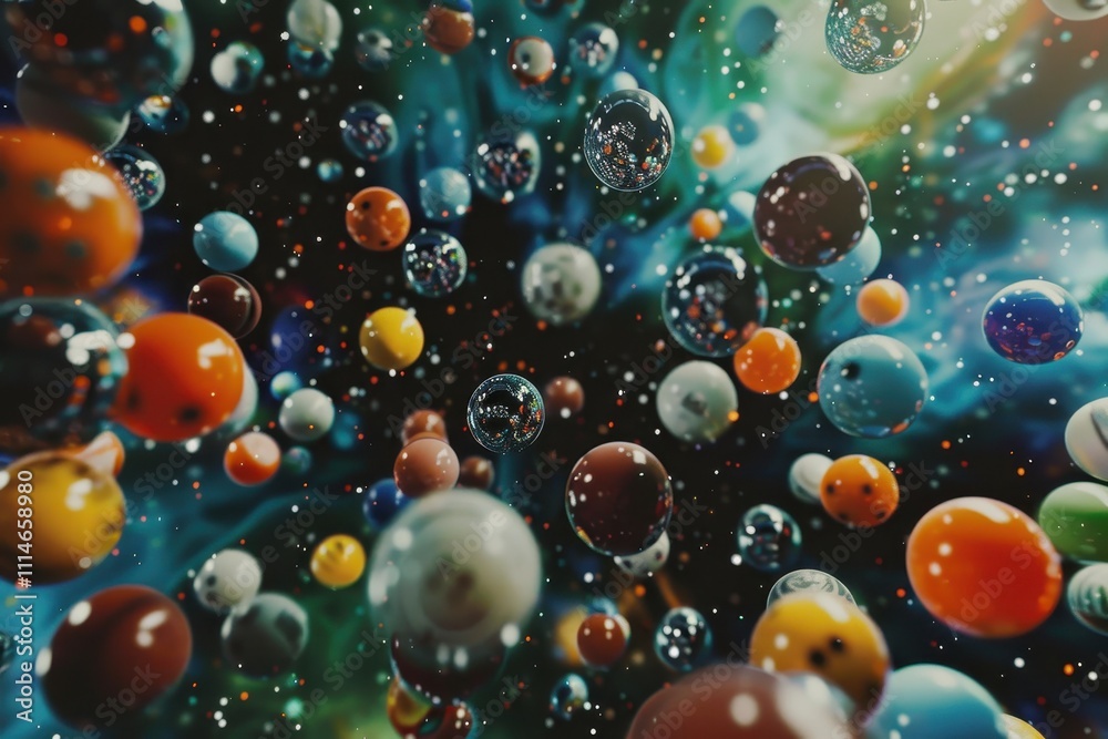 Fototapete Colorful spheres floating in a cosmic space filled with a vibrant galaxy backdrop, creating an illusion of depth and movement