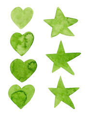 Set of hand painted hearts and stars. Green shapes. Watercolor art. Perfect for basic prints, cards and other decor. Contemporary style