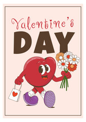 A poster for Valentine's Day. A cheerful heart character with flowers and a gift in his hand.