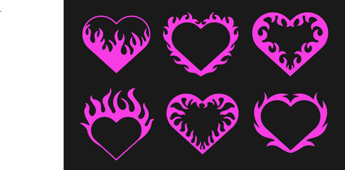 Set of flames and fire heart shape in gothic style. Gothic and acid neon acid tattoos. y2k elements. Aesthetic of 90s, 2000s