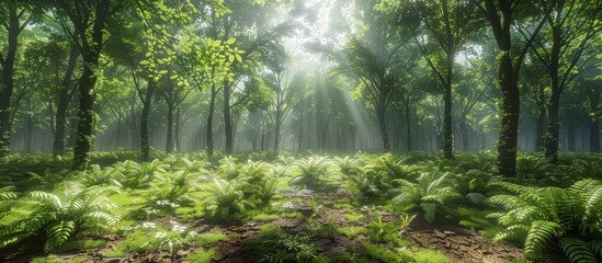 Obraz premium Mystical Enchanted Forest with Lush Overgrown Vegetation and Winding Pathway Serene and Peaceful Natural Landscape with Ferns Mist and Filtered Sunlight in a Tranquil Woodland Setting