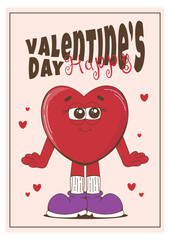 A postcard in a groovy style with a red heart character for Valentine's Day. Vector illustration.