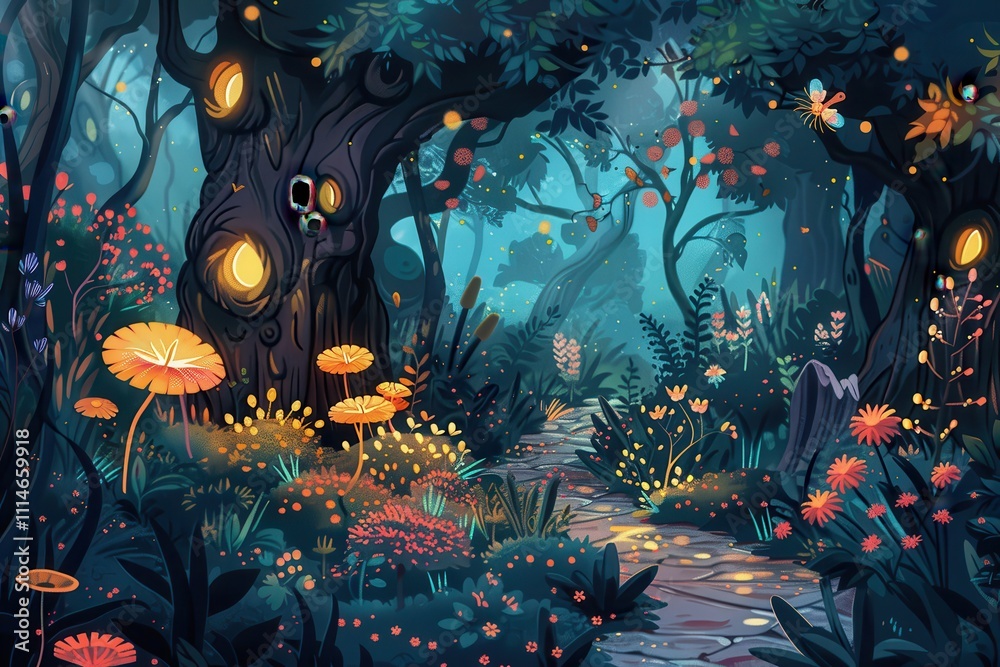 Poster Enchanted forest path with vibrant flowers and glowing tree trunks during twilight hours