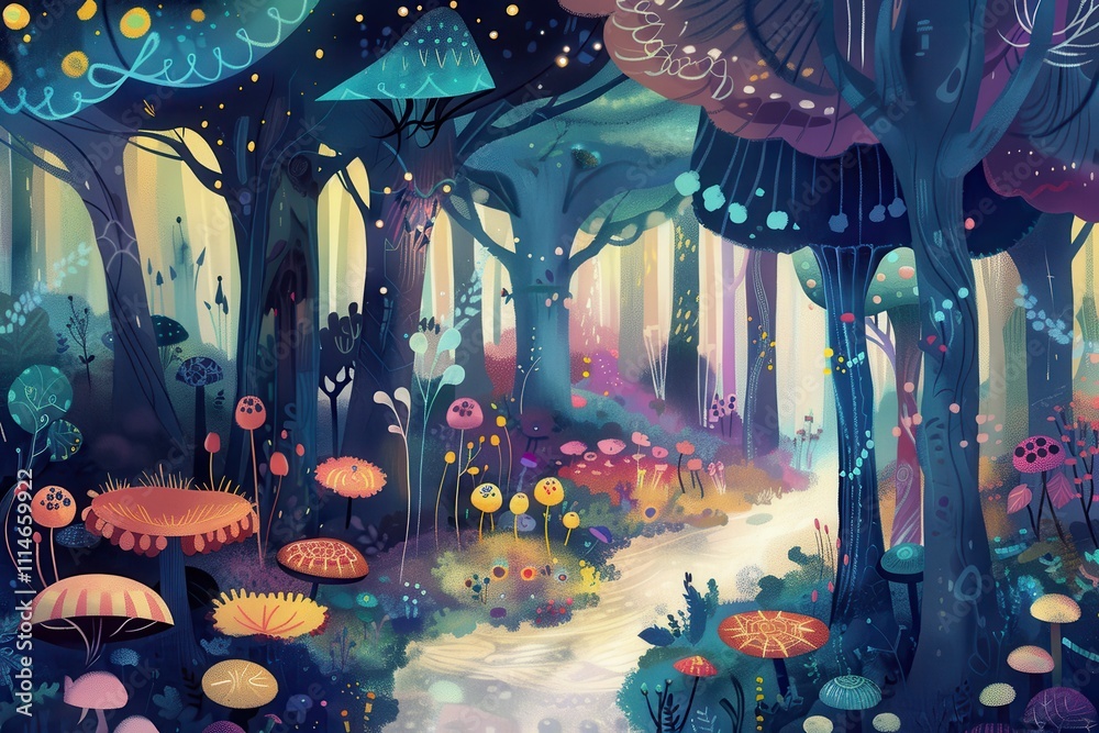 Aufkleber enchanted forest path with vibrant flowers and glowing tree trunks during twilight hours