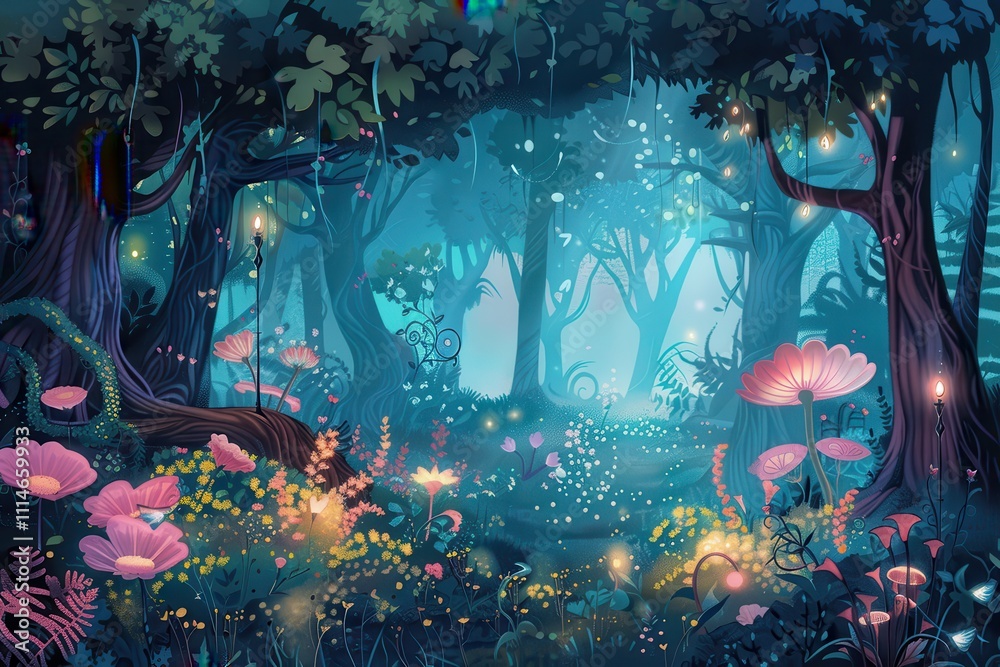 Poster Enchanted forest path with vibrant flowers and glowing tree trunks during twilight hours