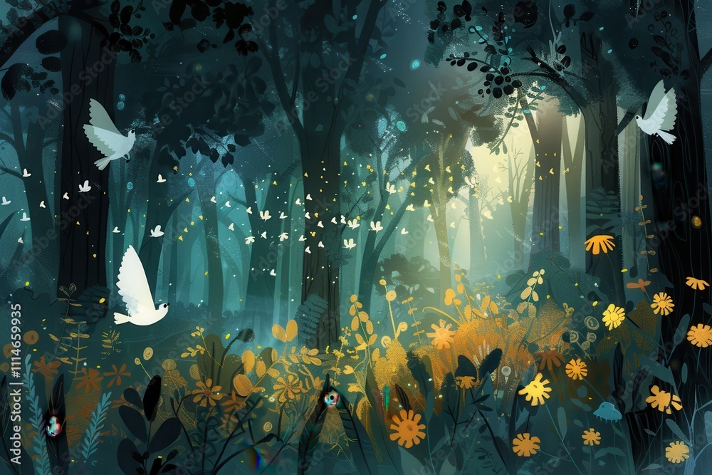 Poster enchanted forest path with vibrant flowers and glowing tree trunks during twilight hours