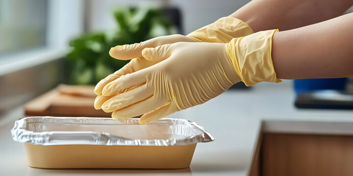 Glove Usage A detailed focus on a hand putting on disposable gloves reminding the importance of hygiene while handling food and health equipment.