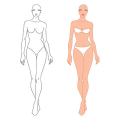 Eight-head fashion figure template. The female fashion croquis. Vector illustration of a young woman wearing lingerie, isolated on a white background. 