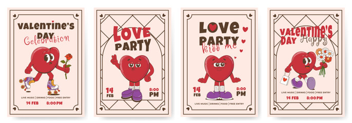 A set of fashionable Valentine's day cards in a groovy style. Red hearts characters.