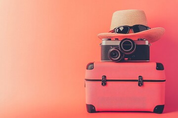 Coral Suitcase with Black Sunglasses, Floppy Hat, and Retro Camera on Light Coral Background