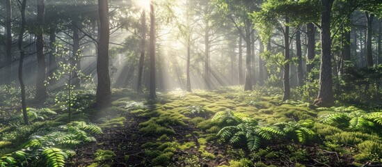 Obraz premium Lush evergreen forest with sunlight streaming through the trees illuminating a moss covered forest floor in a tranquil dreamlike natural landscape The serene