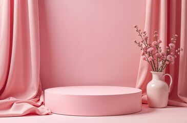 A cylindrical stand is a podium for displaying cosmetics and goods on an abstract background in pink pastel tones. Decorative fabric, vase, flowers