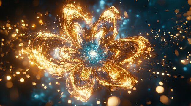 An abstract representation of a luminous flower-like shape, radiating golden and blue light amidst sparkling particles.
