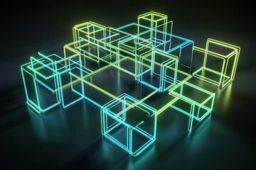 Fototapeta premium Neon cubes and squares connected in an abstract blockchain structure, floating on a dark gradient.