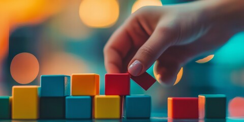 Dynamic Close Up of Hand Arranging Brightly Colored Blocks in Red, Yellow, and Blue