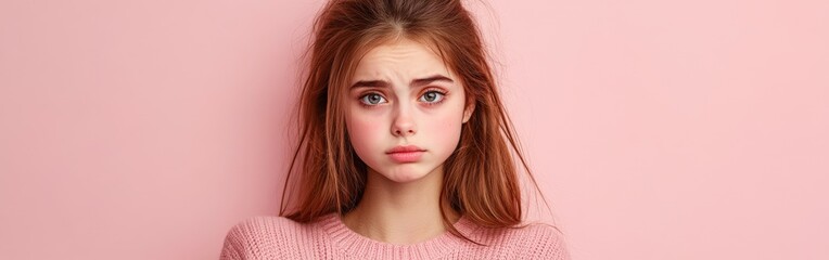 Naklejka premium Young woman with a thoughtful expression against pink backdrop