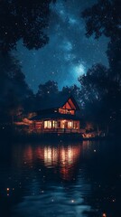 Fototapeta premium Gorgeous house near peaceful lake glowing night sky picture