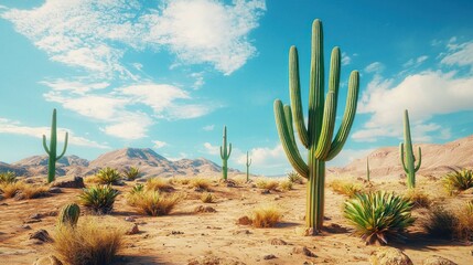 Obraz premium Majestic Desert Landscape with Giant Cacti Under a Vivid Blue Sky