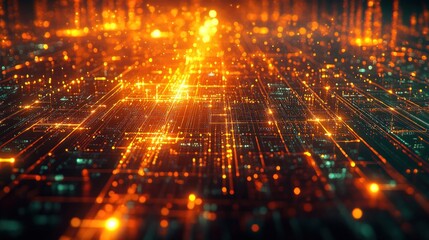 Obraz premium Abstract Digital Network: Glowing Orange Circuitry