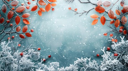 Snowy winter scene with frosted tree branches vibrant red leaves and a blurred glowing background Enchanting and atmospheric creating a magical cozy and peaceful winter landscape