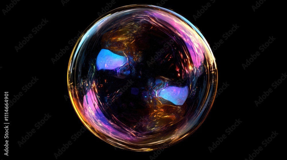 Poster iridescent soap bubble reflecting colorful lights