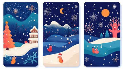 Naklejka premium Winter Wonderland Scenes Featuring Festive Birds And Houses