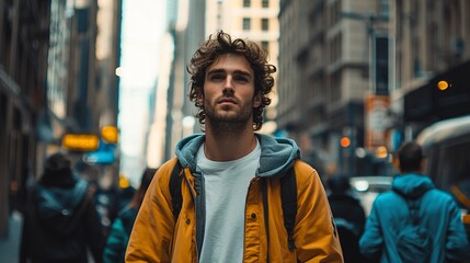 Fototapeta premium Man with curly hair walks through a busy city street in daytime