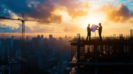 Fototapeta premium Construction Workers Reviewing Plans at Sunset