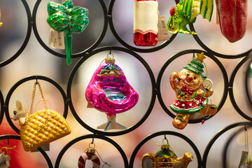 Christmas ornaments on display