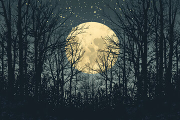 Full moon Night with river and tree vector illustrations 