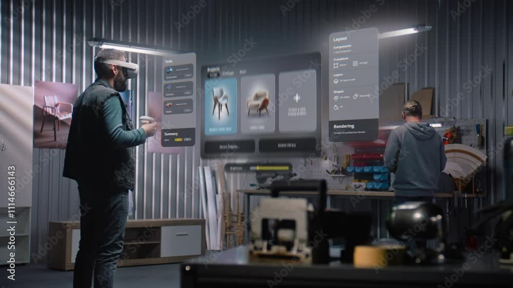 Poster modern workshop: professional craftsman or designer in ar headset assembles chair in virtual space u