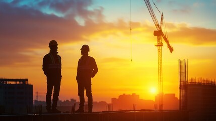 Silhouettes of Construction Workers at Sunset