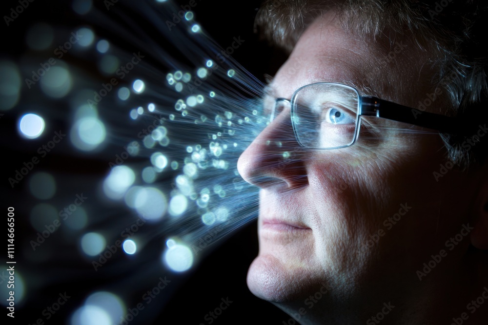 Aufkleber Man Experiencing Digital Data Stream Flowing Into His Eyes