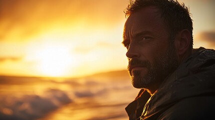 Fototapeta premium Rugged man gazes into sunset over ocean at serene coastal location