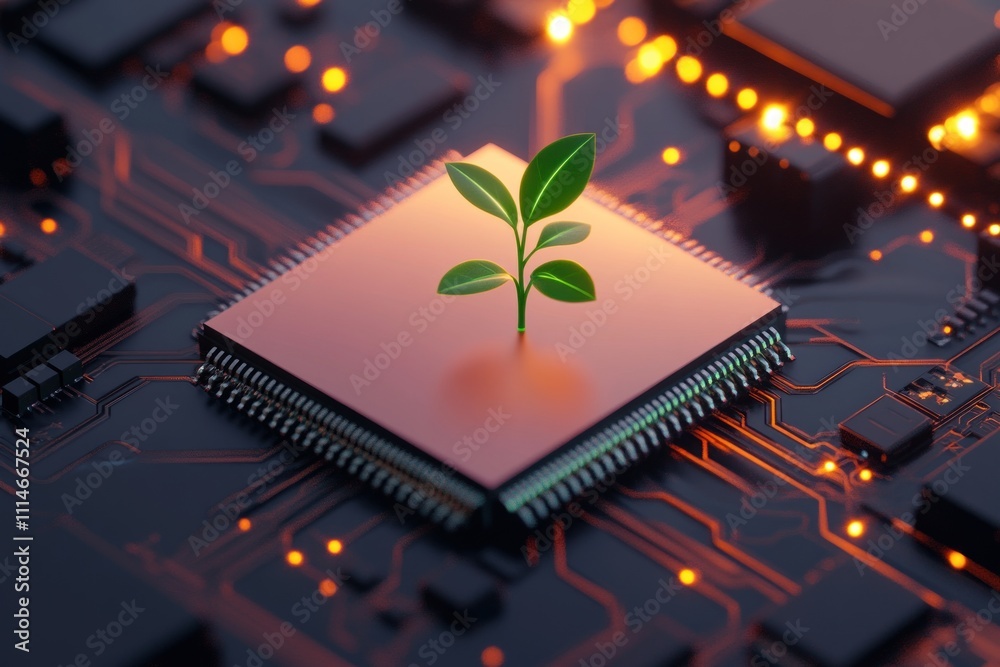 Poster green plant sprouting from a computer microchip
