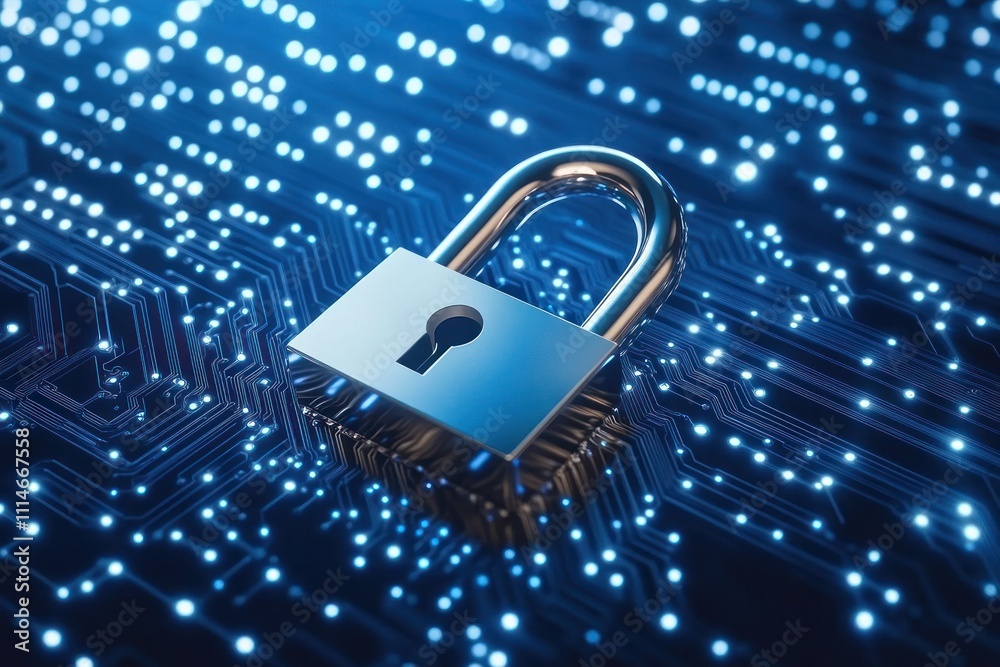 Poster Padlock on Illuminated Circuit Board Representing Digital Security