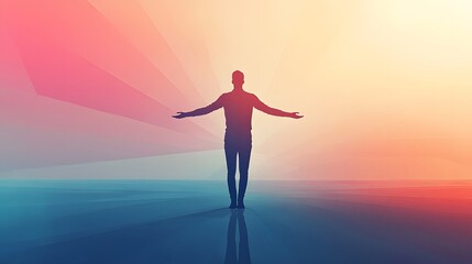 Fototapeta premium Silhouette of person spreading arm in serene abstract landscape with warm gradient background