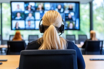 Hybrid meeting setup with remote participants displayed in a modern conference room