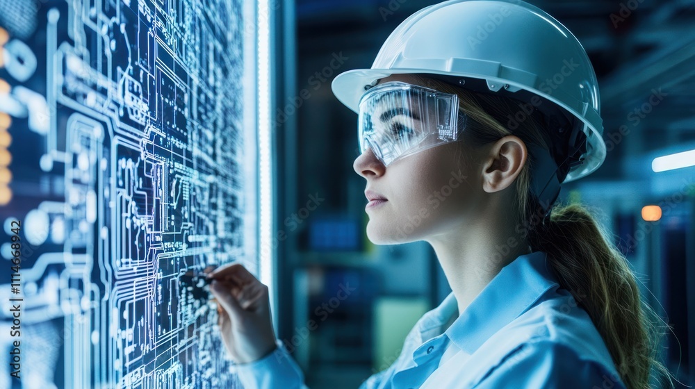 Poster female engineer analyzing complex system schematics