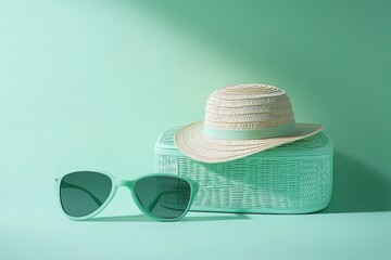 Mint Green Suitcase with Matching Sunglasses and Woven Hat Against a Pastel Mint Background