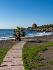 Vertical view of Pozuelo beach (Almuñécar, Spain) on a sunny winter morning
