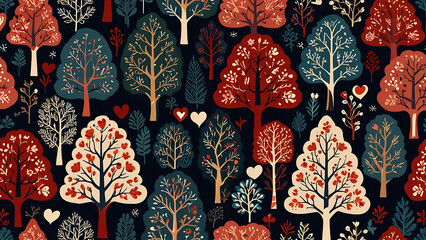Scandinavian folk art pattern with trees and hearts - ideal for holiday and print design