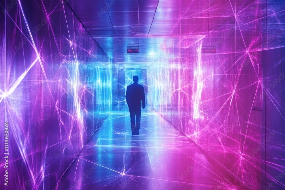 Poster man walks through neon lighted corridor digital art