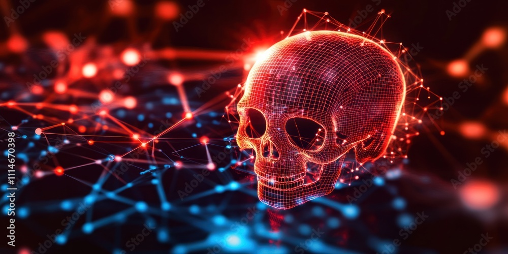 Poster digital skull networked in red and blue lights