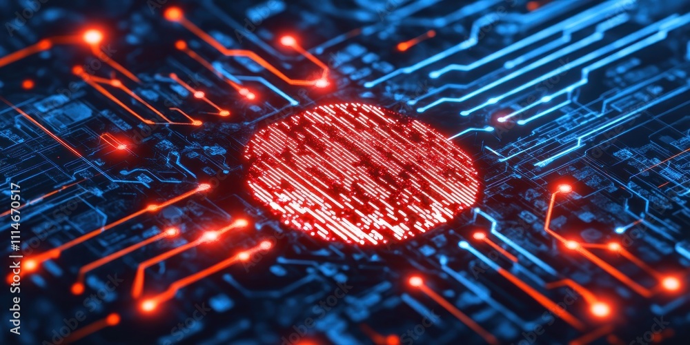 Poster Red Data Streams Flowing Through Circuit Board