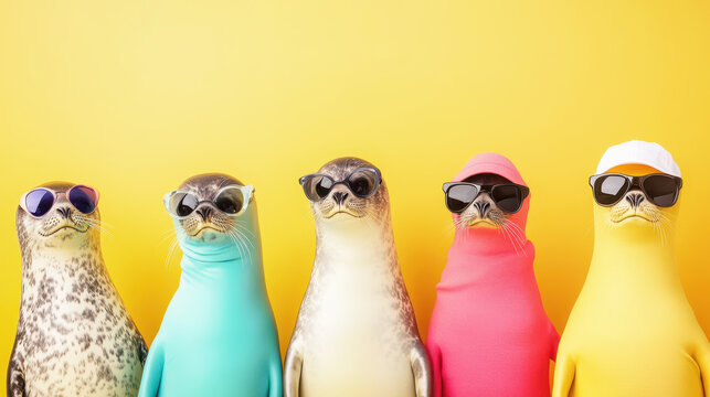 Colorful seal crew with sunglasses against a vibrant yellow background